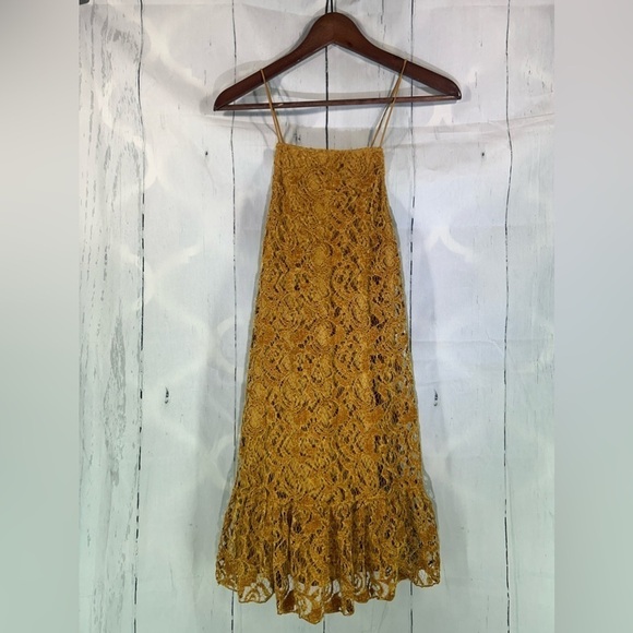 🌼Free People🌼 Fairy Lights Lace Tent Dress Womens Gold Velvet Strappy Mini Sz XS - Picture 6 of 14